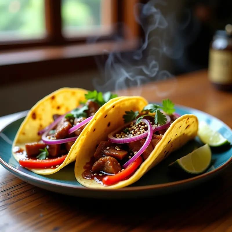 Plato de tacos de lomo saltado con salsa de tamarindo en tortillas de maíz, decorados con cilantro fresco y semillas de sésamo, con fondo de ingredientes como tamarindo, jengibre y pimiento rojo.