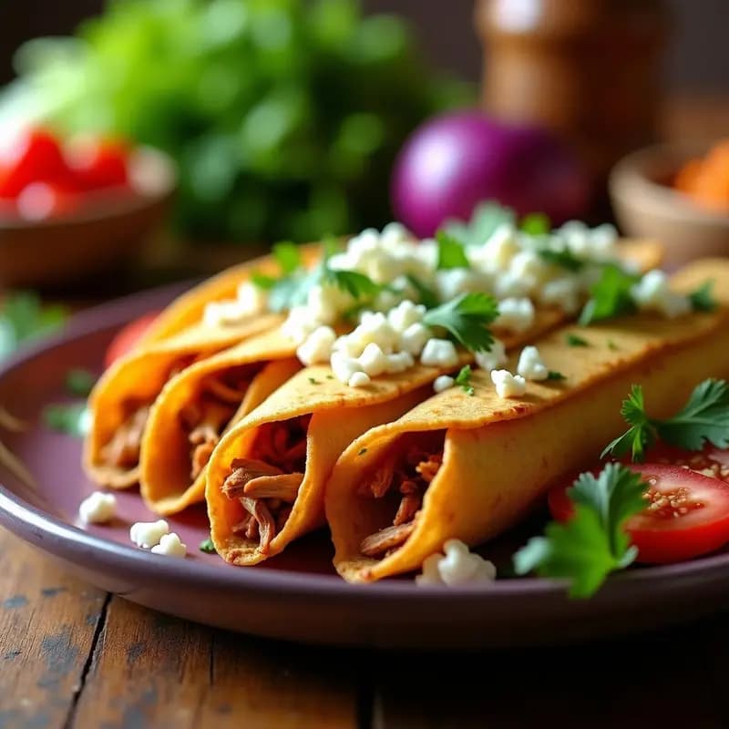Plato colorido con tacos de flautas de maíz morado crujientes, rellenos de pollo desmenuzado, acompañados de ensalada fresca de cebolla morada, tomate y cilantro, y chongos zamoranos desmenuzados con crema agria, receta tradicional mexicana sin freír.