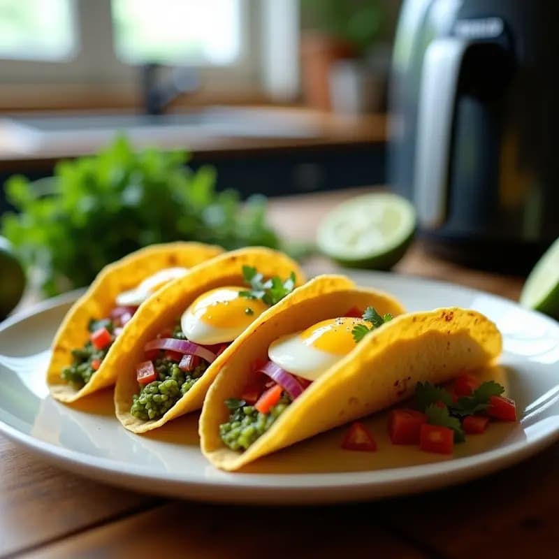 Tacos dorados y crujientes rellenos de mangú cremoso, huevo pochado con yema líquida y salsa criolla fresca de cebolla, tomate y cilantro. Plato típico dominicano servido en un mantel rústico con limón al lado.