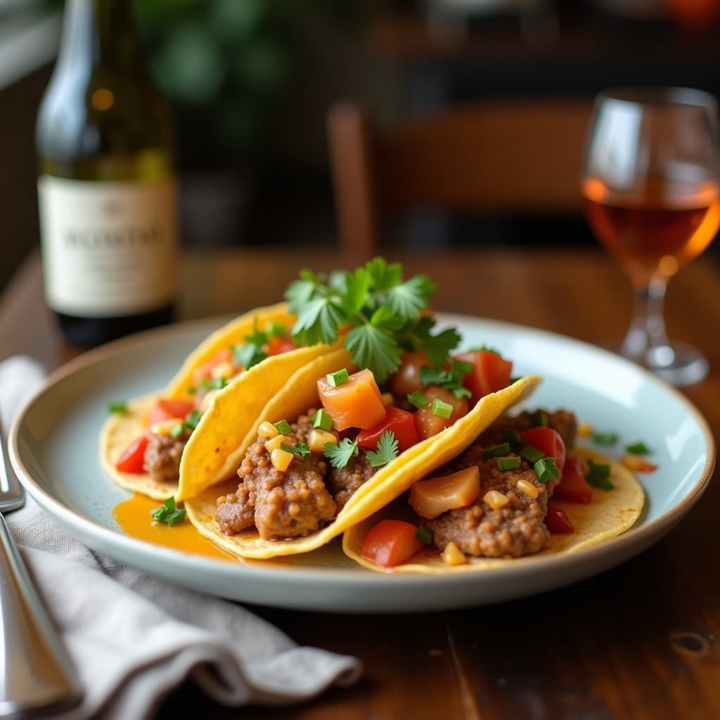 Tacos de morcilla vegana de remolacha y lentejas con salsa de granadilla sobre tortillas de maíz, decorados con cilantro, semillas de sésamo y hojas de lechuga morada. Plato colorido y vibrante típico de la cocina colombiana vegana.