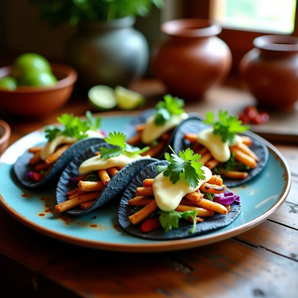 Plato de tacos de nopal asado y queso de anacardo vegano, con tortillas de maíz azul, hojas de lechuga morada, cilantro fresco y salsa de chile de árbol. Receta mexicana crudivegana alta en proteína.