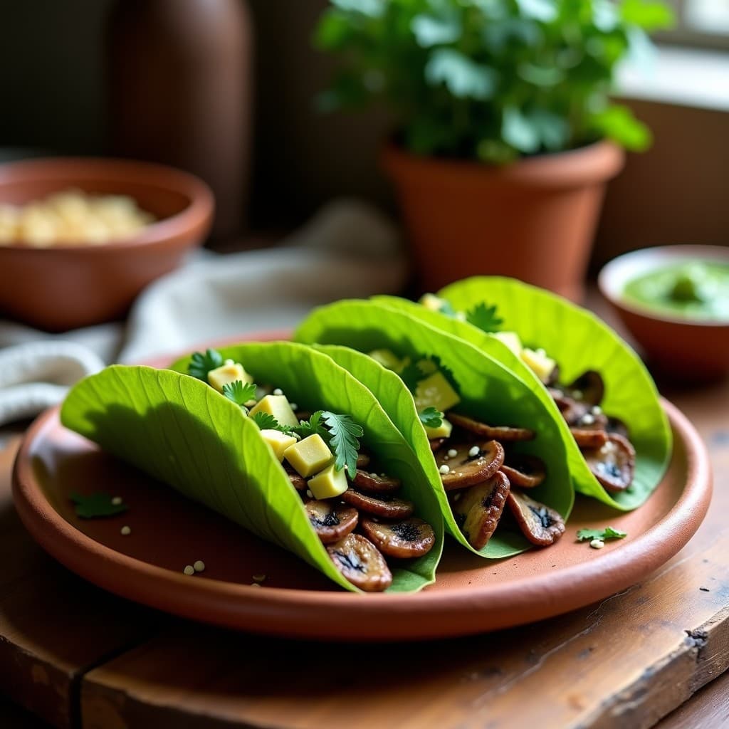 Tacos veganos sin carbohidratos hechos con hojas de nopal verdes rellenas de champiñones portobello asados, decorados con aguacate, cilantro y semillas de sésamo sobre un plato de barro rústico.