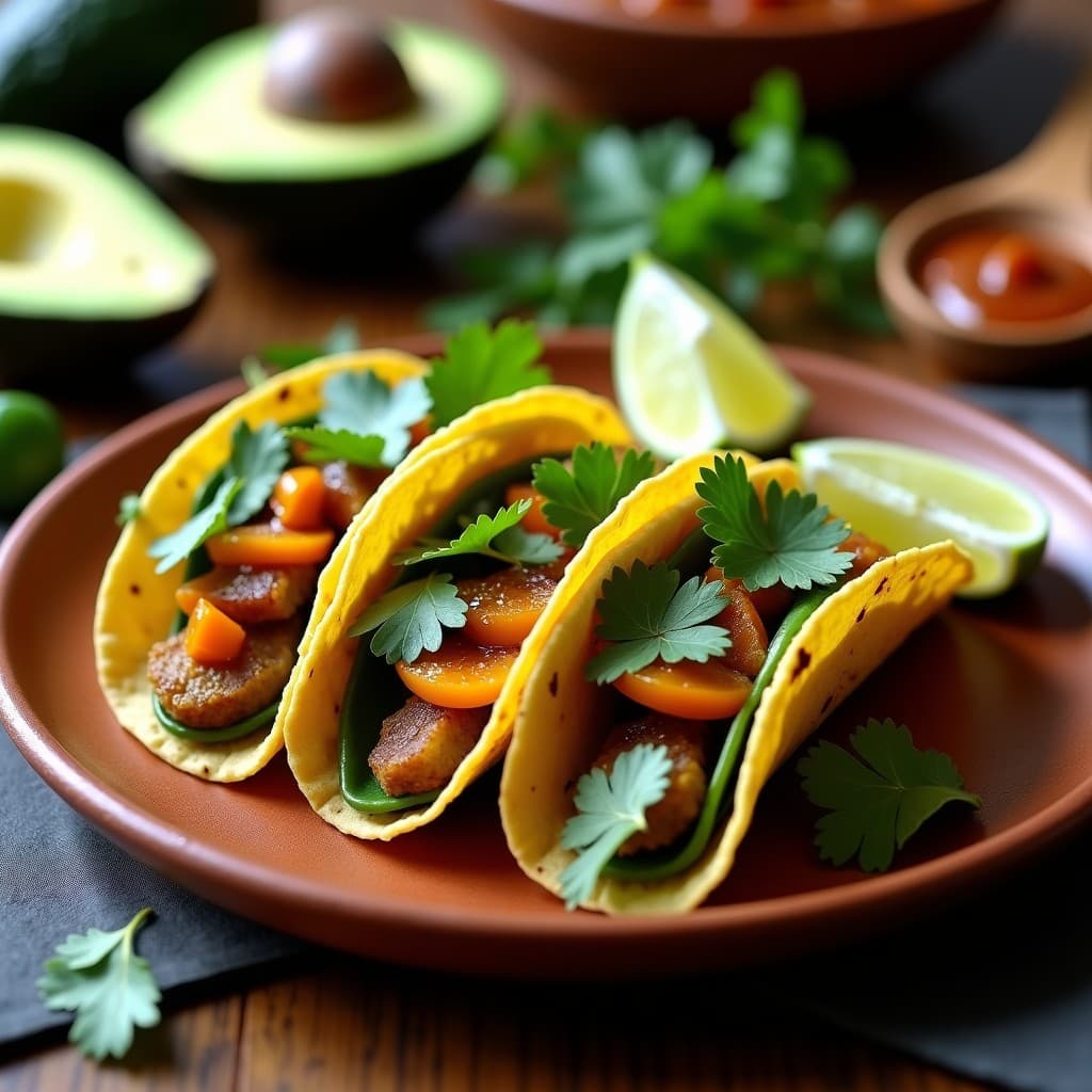 Plato de tacos de nopales asados con sacromonte vegano, tortillas de maíz azules rellenas de nopales dorados, bañados en salsa oscura y espesa de chiles, decorados con cebolla morada encurtida y cilantro fresco, sobre un fondo rústico de madera con limones y chiles secos.