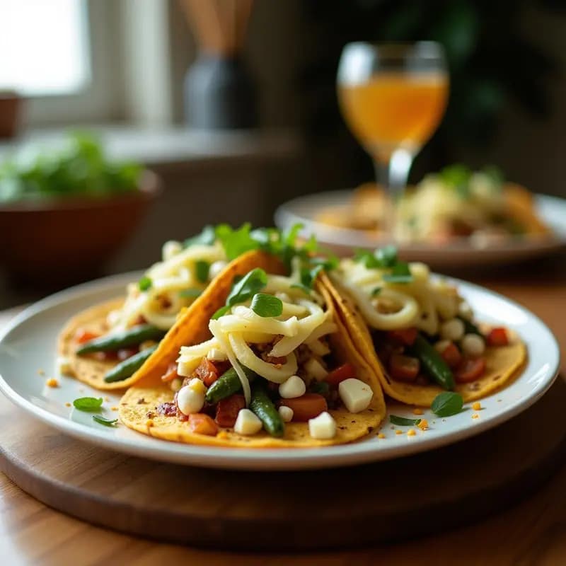 Tacos de maíz azul rellenos de nopales asados, queso cremoso de cáscara de piña fermentado, kimchi morado y cilantro fresco, sobre un plato de barro rústico con fondo de mesa de madera oscura.