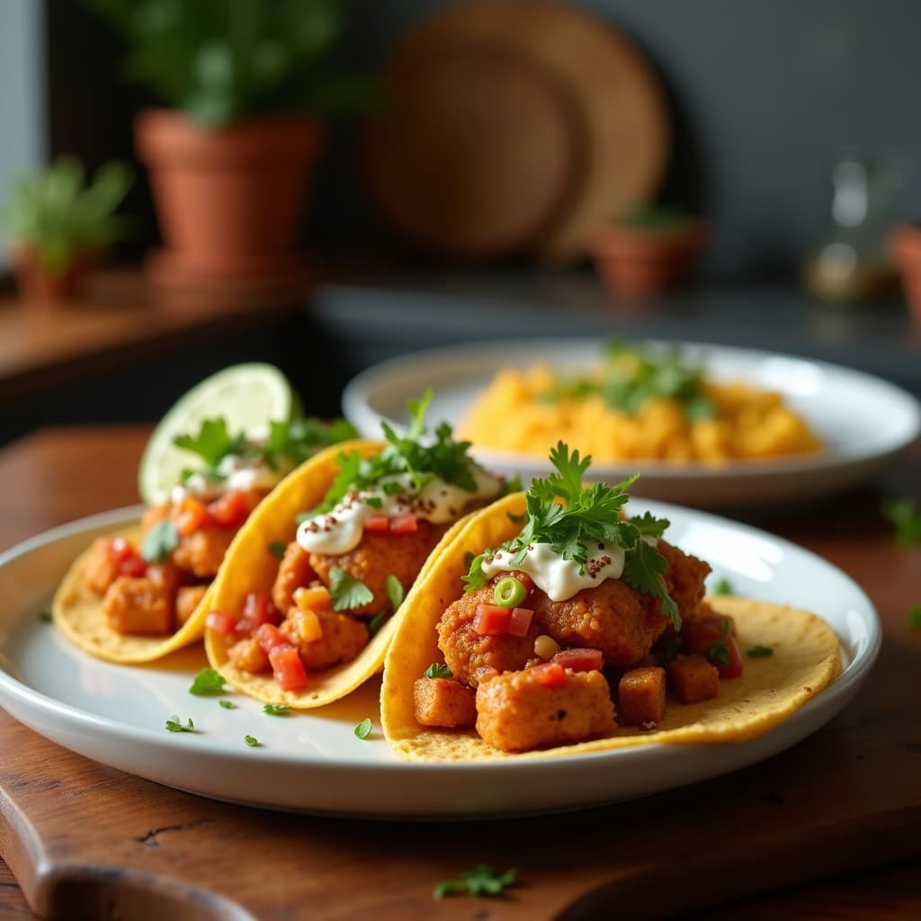 Tacos de onggi fermentado con pollo en tortillas de maíz, rellenos de tiras de pollo dorado, cebolla morada, pepino y lechuga, espolvoreados con semillas de sésamo y cebollino.