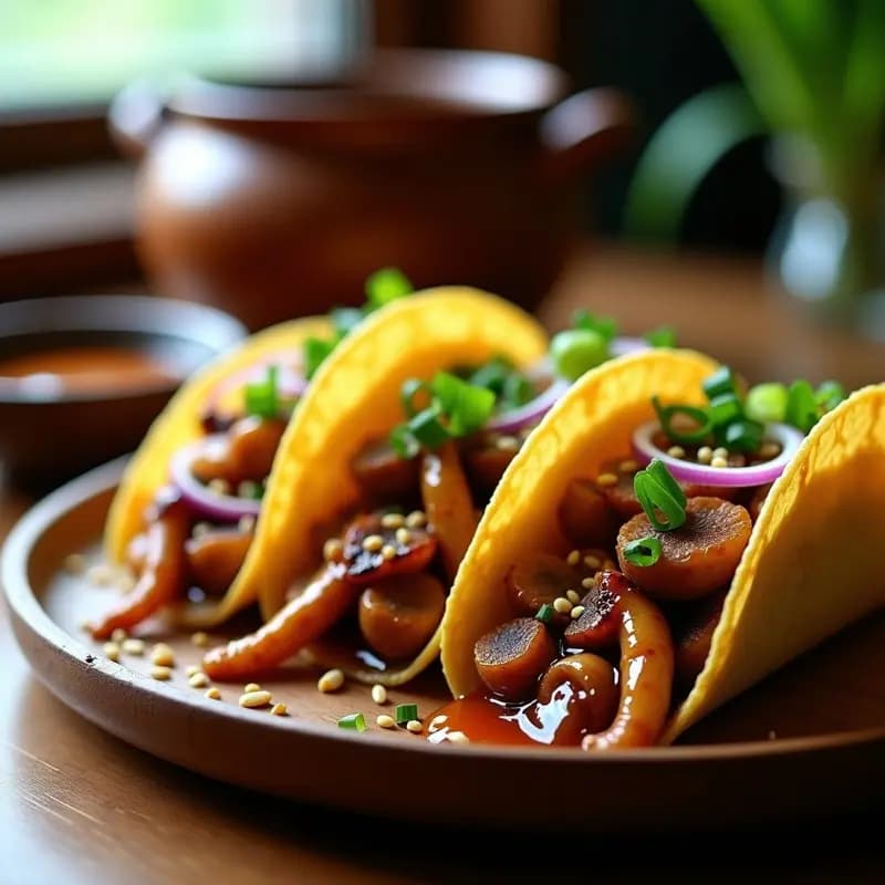 Plato de tacos onggi coreanos con hongos shimeji fermentados dorados, cebolla morada, semillas de sésamo y cebollino, servidos en tortillas de maíz y acompañados de líquido de fermentación.