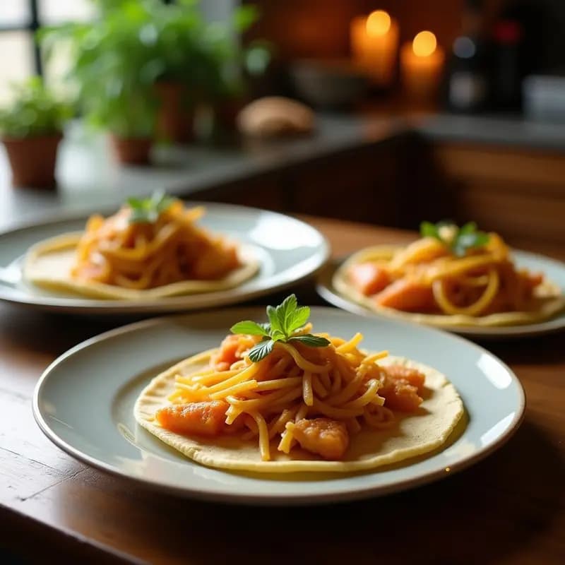 Tacos de pescado al onggi servidos en tortillas de maíz con encurtidos de rábano y pepino, espolvoreados con semillas de sésamo y hojas de lechuga, receta coreana fusion crujiente.