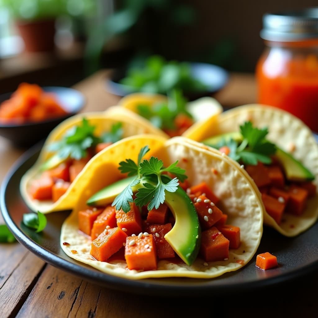 Tacos veganos abiertos con relleno de tofu dorado, kimchi fermentado, aguacate en láminas y semillas de sésamo, sobre tortillas de maíz. Plato colorido con toques rojos del kimchi y verdes del cilantro.