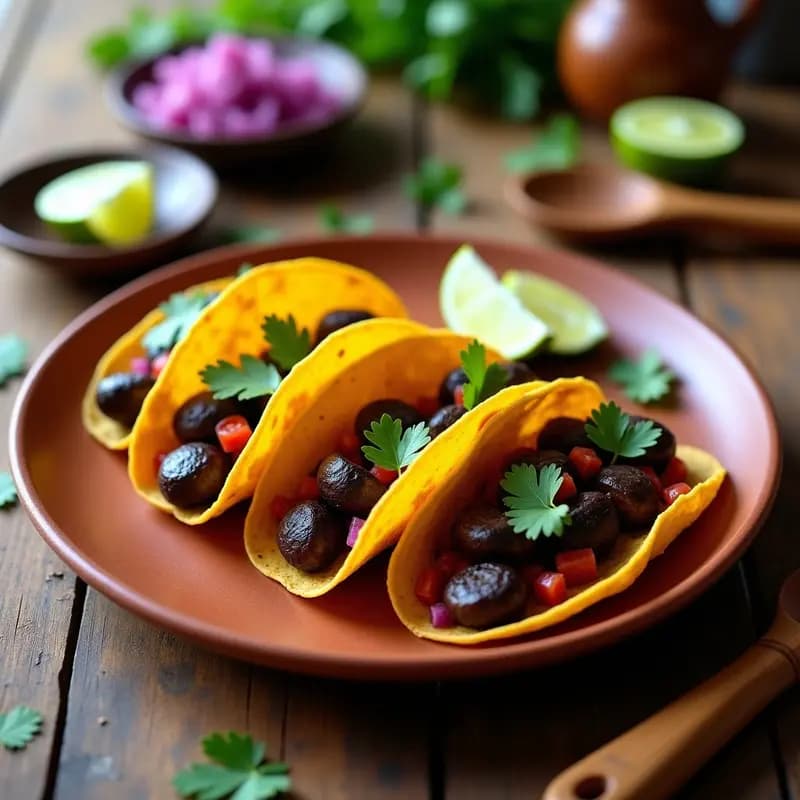 Plato de tacos de ongolmo y cebolla morada sobre tortillas de maíz, decorados con cilantro fresco y rodajas de limón, receta ecuatoriana auténtica.