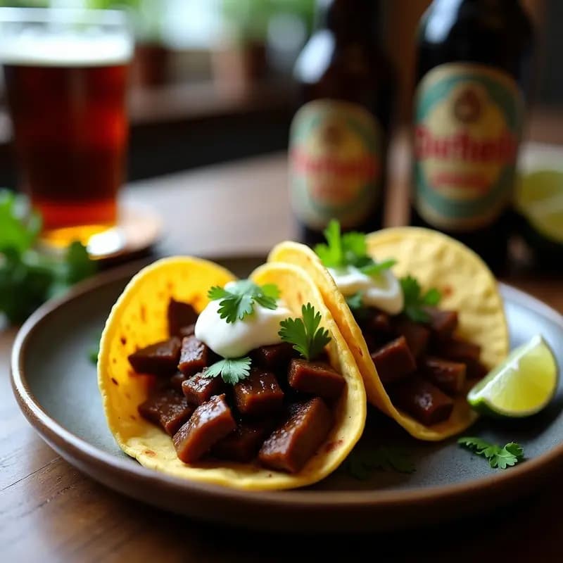 Plato de tacos de ongolmo a la cerveza negra con tortillas de maíz, crema agria, cilantro fresco y limón, receta peruana tradicional.