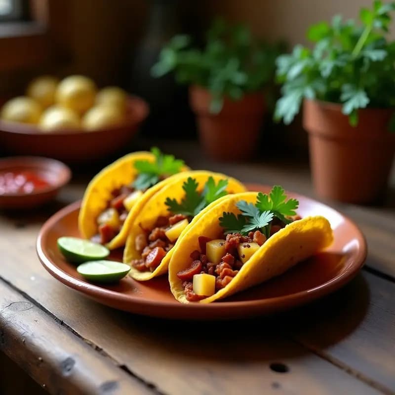 Plato de tacos de ongolmo ecuatorianos, rellenos de papa criolla, chorizo y ongolmo salteado, servidos en tortillas de maíz con cilantro fresco y rodajas de limón.