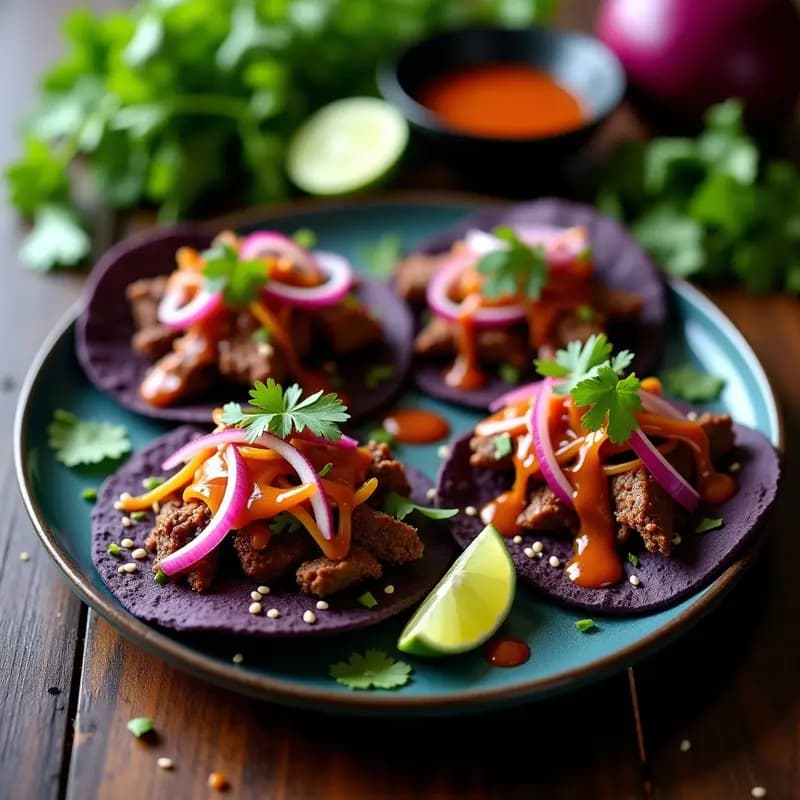 Tacos abiertos de tortilla de maíz rellenos de papaya verde rallada, carne de res desmenuzada y bañados en aderezo de tamarindo, decorados con cilantro, semillas de sésamo y chile serrano. Plato colorido y vibrante con fondo rústico, receta tailandesa-mexicana.