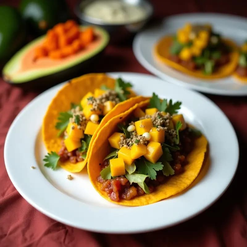Tacos abiertos de tortilla de maíz azul rellenos de tiras crujientes de papaya verde, encurtidos de cebolla morada brillante, bañados en salsa de mango cremosa y decorados con cilantro fresco y semillas de sésamo negro. Presentados en un plato de barro rústico con fondo de madera y limones cortados.