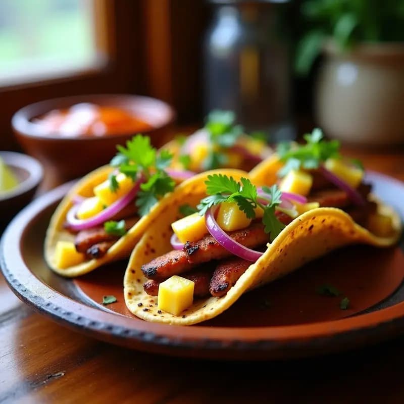 Plato de tacos al pastor con piña caramelizada y salsa de tamarindo, servidos en tortillas de maíz azules sobre un comal humeante, acompañados de cebolla morada y cilantro fresco.