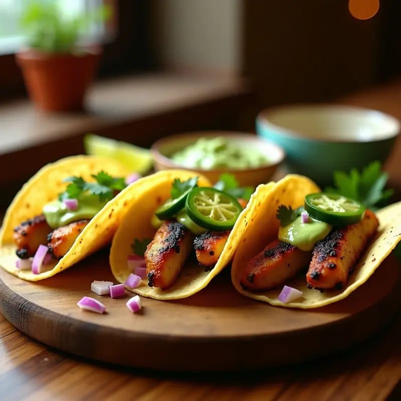 Plato de tacos de pechuga de pollo ahumado con crema de aguacate, cebolla morada y cilantro fresco, servidos en tortillas de maíz doradas.