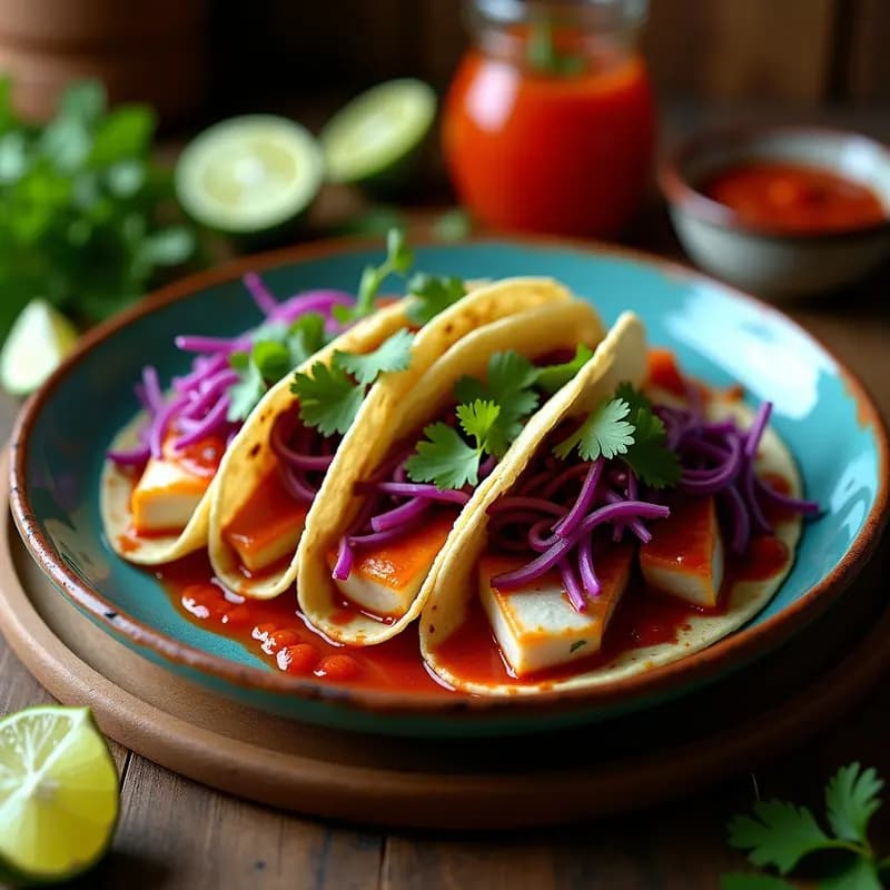 Plato de tacos de pesca a la veracruzana con tortillas de maíz azul, rellenos de merluza desmenuzada en salsa de tomate casera con chipotle, aceitunas y cilantro fresco, servidos en un plato de barro rústico con rodajas de limón verde al lado.