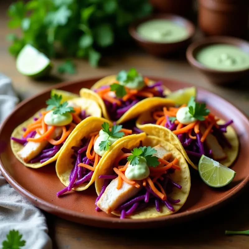 Plato de tacos de pescado ahumado al horno con filetes de merluza dorados, repollo morado, zanahoria rallada y salsa cremosa de lima y cilantro sobre tortillas de maíz, servidos en un plato de barro rústico con rodajas de lima al lado.