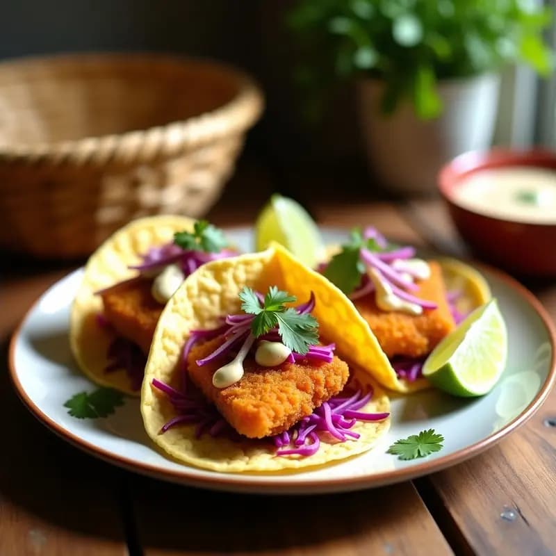 Plato con tacos de pescado a la Baja California, rebozado dorado y crujiente de harina de maíz, servidos en tortillas de maíz con repollo morado, cebolla, cilantro y salsa de chipotle, sobre fondo rústico de madera.