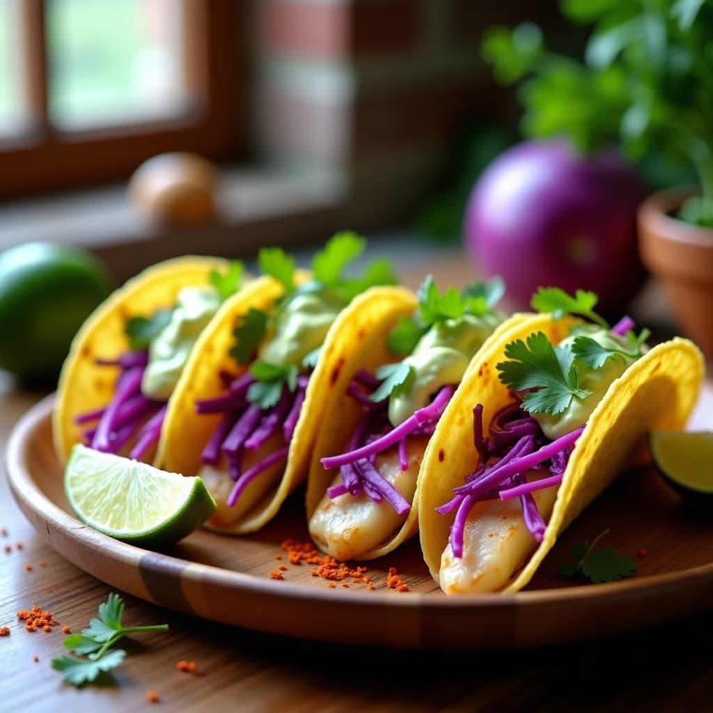 Tacos de pescado blanco al vapor sobre tortillas de maíz, acompañados de repollo morado encurtido en juliana y crema de aguacate verde, servidos en un plato rústico con limones y cilantro fresco.