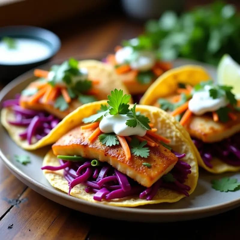 Plato de tacos de pescado con encurtidos de repollo morado, zanahoria y pepino, salsa de yogur griego y cilantro fresco, servidos en tortillas de maíz doradas.