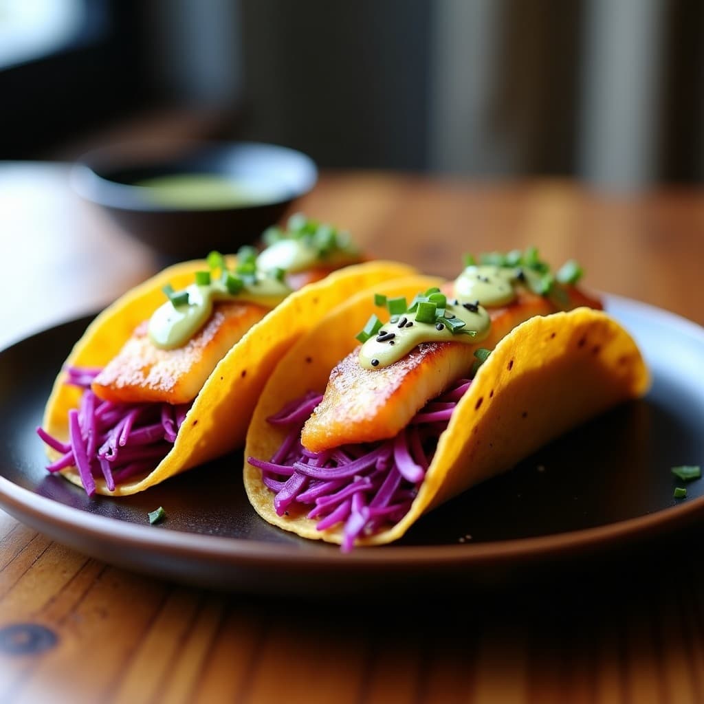 Tacos japoneses de pescado al miso dorado y crujiente en airfryer, con salsa cremosa de wasabi, encurtido de col morada vibrante y semillas de sésamo, servidos en tortillas de maíz sobre un plato de madera oscuro con cebollino fresco.