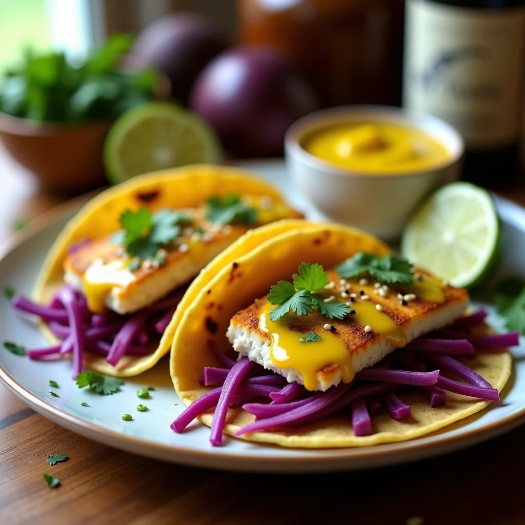 Tacos de pescado blanco costarricense en tortillas de maíz, rellenos de filetes dorados glaseados, repollo morado encurtido vibrante y bañados con salsa de maracuyá amarilla brillante, decorados con cilantro fresco sobre un plato de madera rústica con fondo de hojas de plátano.