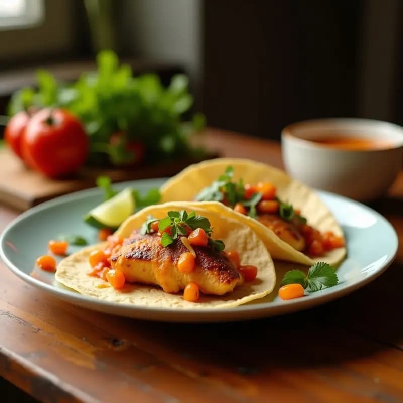 Plato de tacos de pescado a la Zaragoza con almendras, empanado dorado y crujiente sobre tortillas de maíz, acompañados de lechuga morada y salsa de yogur.