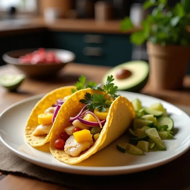 Tacos de pescado zorro grillado con filetes dorados sobre tortillas de maíz azules, acompañados de cubos de mango fresco, repollo morado en tiras, hojas de lechuga romana y aderezo cremoso de yogur con cilantro, servidos en un plato rústico de barro con rodajas de lima al lado.