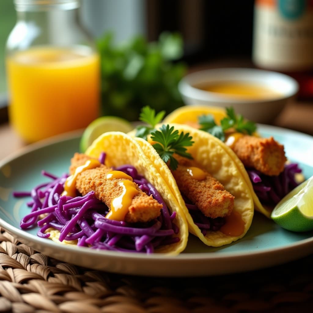 Tacos de pescao blanco empanizado y dorado en airfryer, servidos en tortillas de maíz con col morada salteada y aderezo de limón brillante. Plato colorido con toques de cilantro fresco sobre fondo rústico de madera.
