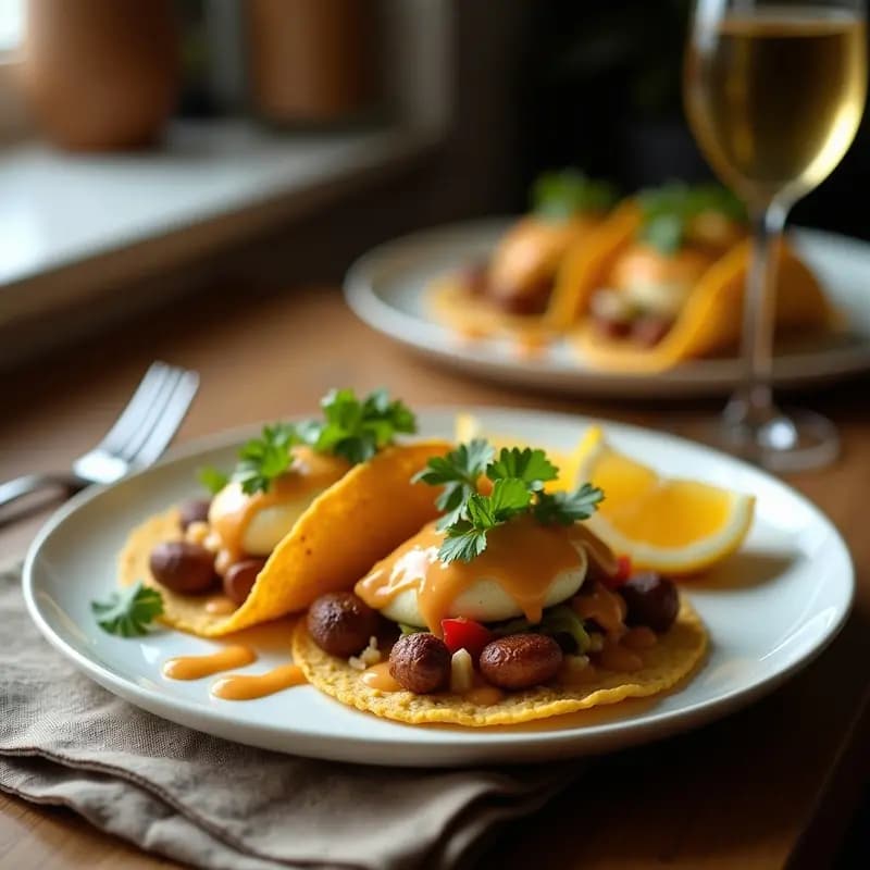 Tacos de maíz rellenos de láminas doradas de pfloutas y queso halloumi gratinado, acompañados de cebolla morada encurtida y salsa de granadilla amarilla. Plato colorido y apetecible sobre fondo rústico de madera.