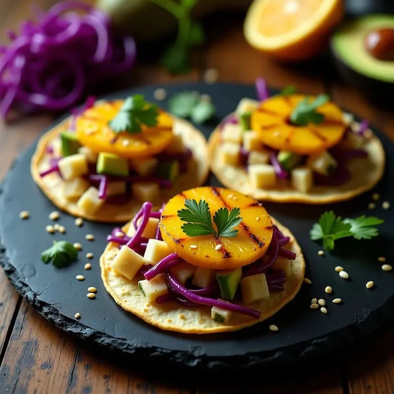 Plato de tacos abiertos con tortillas de maíz azules rellenos de ceviche de champiñones portobello marinados en leche de tigre amarilla, piña asada caramelizada en trozos, cilantro fresco, semillas de sésamo negro y hojas de lechuga morada. Presentación colorida y virales sobre fondo oscuro con limones verdes y rodajas de piña de decoración.