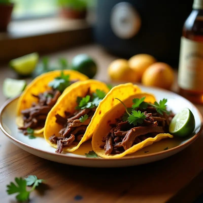 Tacos de plátano macho dorado y crujiente rellenos de carne de res desmenuzada, servidos en tortillas de maíz con cilantro fresco y limón, receta colombiana en airfryer alta en energía.