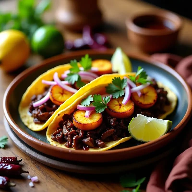 Tacos tradicionales mexicanos en airfryer: tortillas de maíz azules rellenas de carne de res marinada en adobo negro, rodajas doradas de plátano macho crujiente, queso fresco desmenuzado, crema ácida y cilantro fresco, servidos en plato de barro con fondo de hoja de plátano.