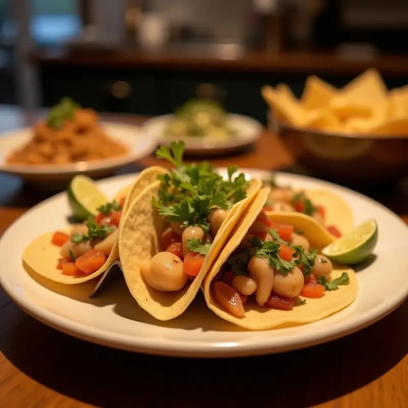 Tacos de plátano macho dorado y crujiente rellenos de ceviche de camarón fresco con aguacate, lechuga y cilantro, receta ecuatoriana crujiente y fresca