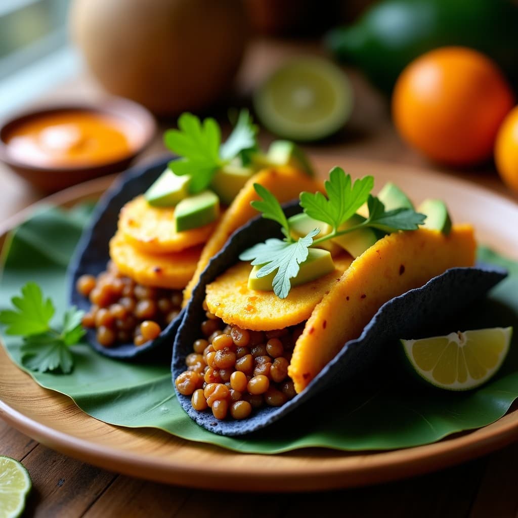 Tacos de plátano macho dorado y picadillo de lentejas en tortillas de maíz azul, decorados con aguacate, cilantro fresco y salsa de mango habanero sobre un plato de madera rústico con fondo de hojas de plátano.