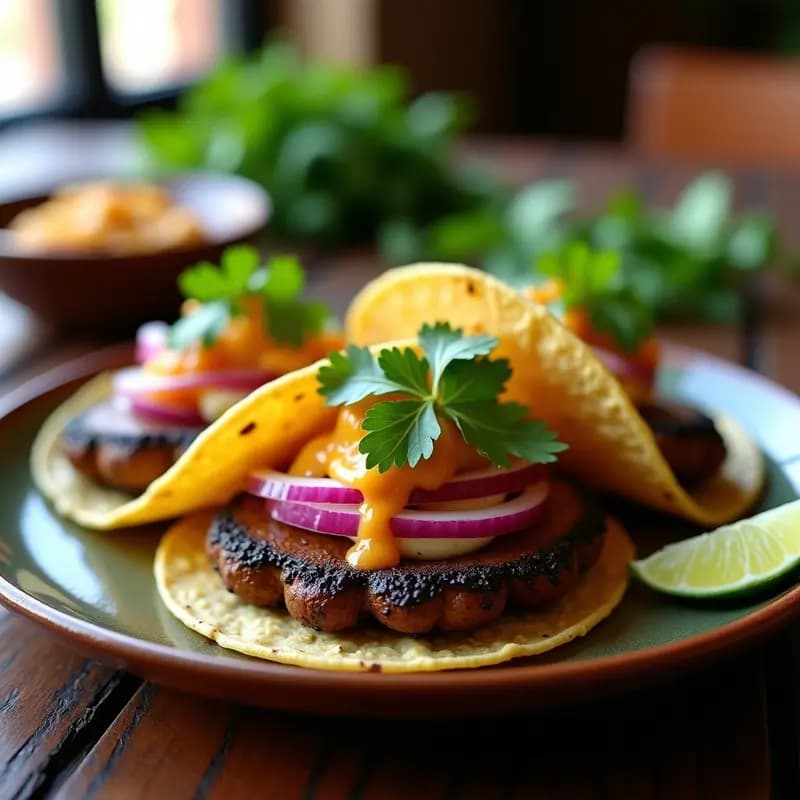 Plato de tacos veganos con láminas doradas de portobello ahumado, salsa de tamarindo brillante, queso cremoso de anacardos y cebolla morada picada sobre tortillas de maíz. Receta de tacos de portobello ahumado con salsa de tamarindo y queso de anacardos, presentados de forma vertical y estética para redes sociales.