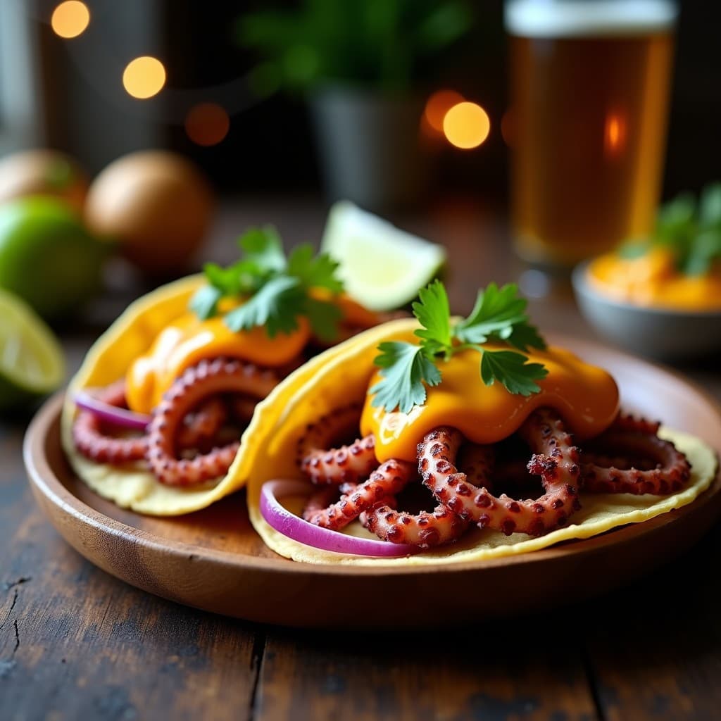 Tacos de pulpo a la brasa con trozos dorados y jugosos sobre tortillas de maíz azules, bañados en salsa cremosa de ají limo y lúcuma, decorados con cebolla morada, cilantro fresco y queso desmenuzado, servidos en plato rústico con rodajas de limón.