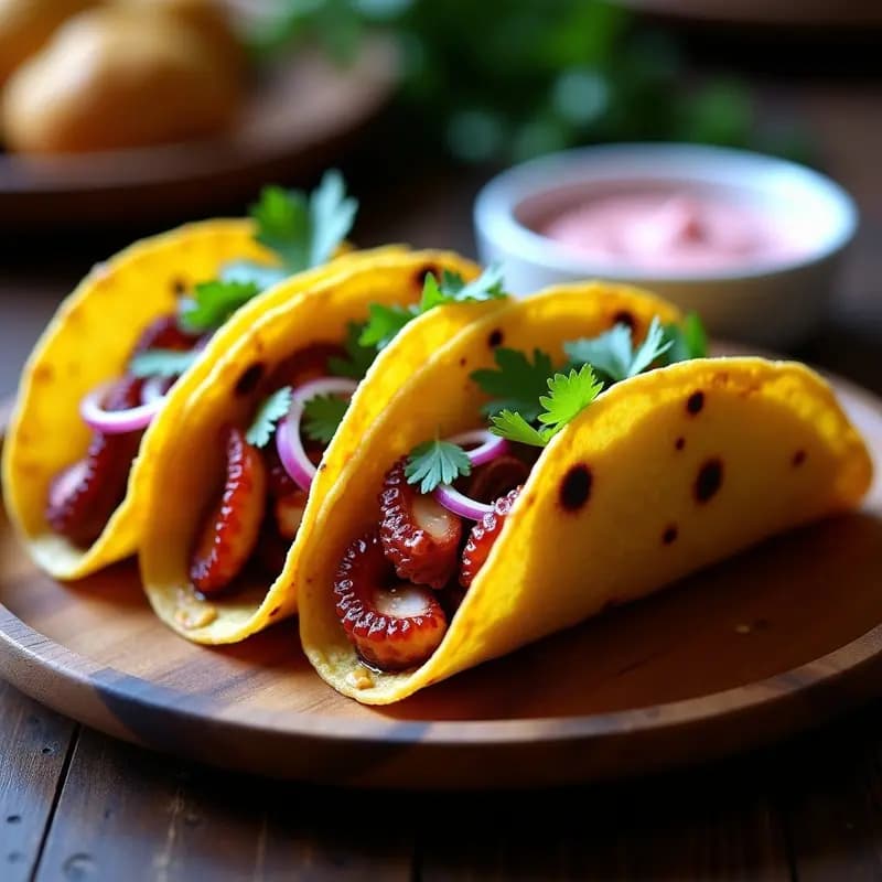 Tacos de maíz dorados rellenos de pulpo jugoso al ají panca, cebolla morada picada y cilantro fresco, acompañados de una crema blanca de camu camu en un plato rústico de madera. Receta peruana en airfryer con toque afrutado.