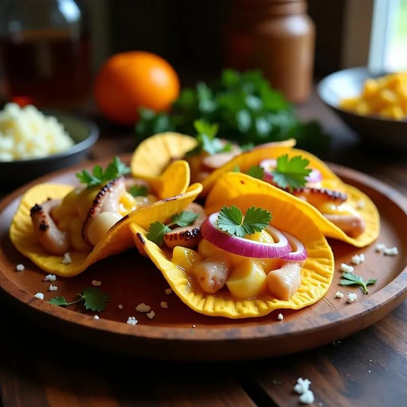 Tacos de huevo crujientes rellenos de puré de ñame cremoso y pulpo al ajillete, decorados con cebolla morada, cilantro y queso fresco, servidos en un plato rústico con fondo de madera.