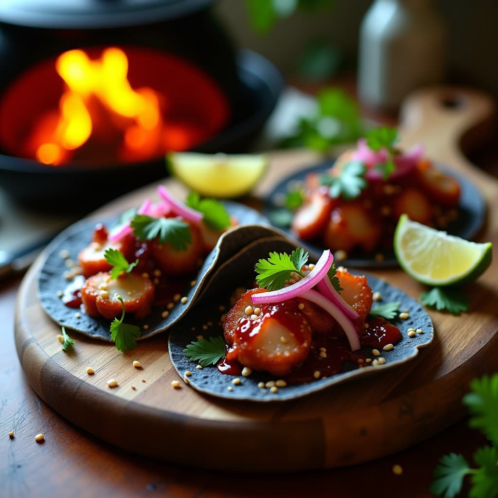 Plato de tacos de pulpo al carbón con tortillas de maíz azules, cebolla morada, cilantro y salsa de tamarindo brillante, servidos sobre una tabla de madera rústica con gajos de limón verde y semillas de sésamo.
