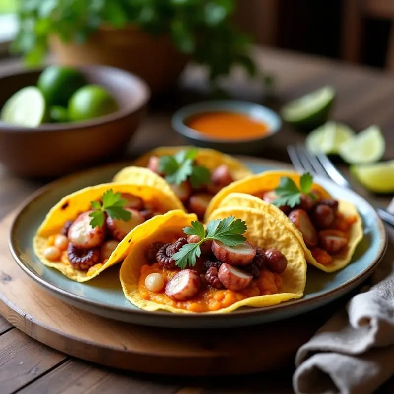 Plato de tacos de maíz abiertos rellenos de puré de auyama anaranjado cremoso y pulpo escabechado en trozos, decorados con cilantro fresco sobre una mesa de madera rústica, receta vegana peruana.