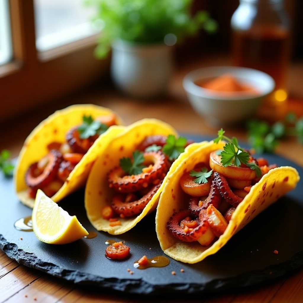 Tacos de pulpo a la gallega en airfryer, con trozos de pulpo dorado y especiado con pimentón, sobre tortillas de maíz tostadas, acompañados de rodajas de patata crujiente y perejil fresco, con un chorrito de aceite de oliva virgen extra.