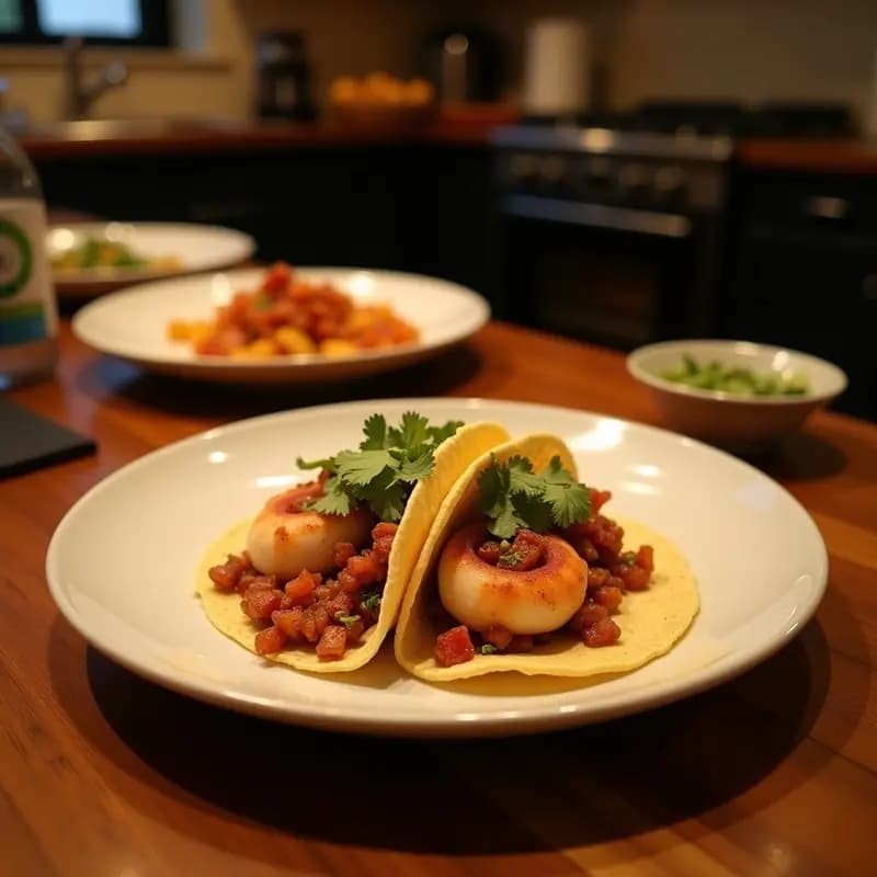 Tacos de maíz rellenos de pulpo a la gallega con trozos de patata panadera dorada, espolvoreados con cebolla morada y perejil fresco, servidos en un plato de madera rústico.