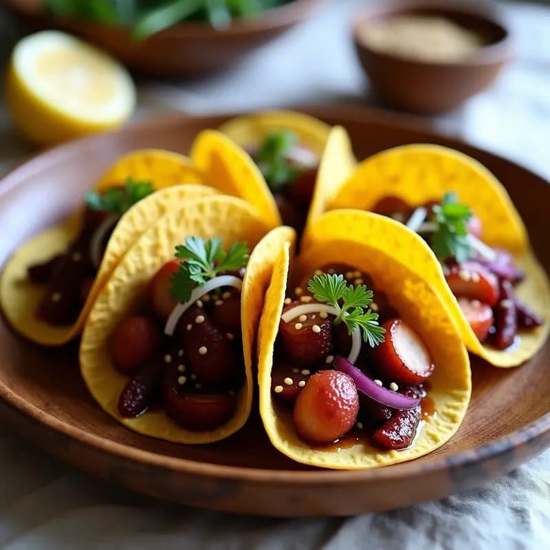 Tacos de maíz rellenos de trozos de pulpo dorado bañados en salsa de tasco oscura, decorados con hinojo picado, semillas de sésamo y cebolla morada en juliana sobre un plato de madera rústico.