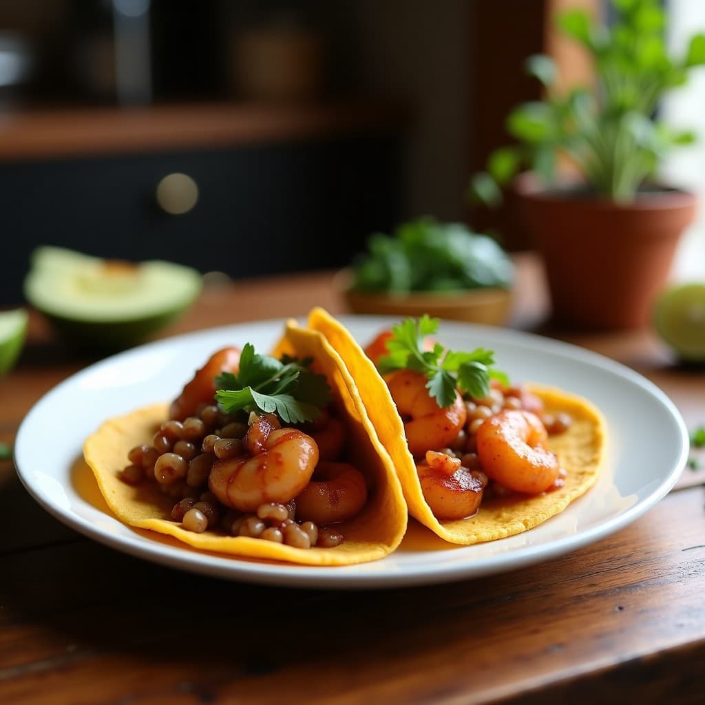 Tacos de pulpo al vapor en tortillas de maíz con salsa de tamarillo y cilantro, decorados con semillas de sésamo y hojas de lechuga morada sobre un plato de madera rústico. Receta peruana en olla express.