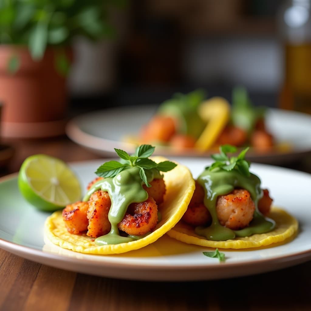 Plato de tacos de maíz azul rellenos de pulpo al vapor en trozos, puré cremoso de guisantes verde brillante con hojas de menta, crema de anacardos, rodajas de aguacate y semillas de sésamo, decorados con brotes de rábano. Receta Beaufort vegana y crudivegana.