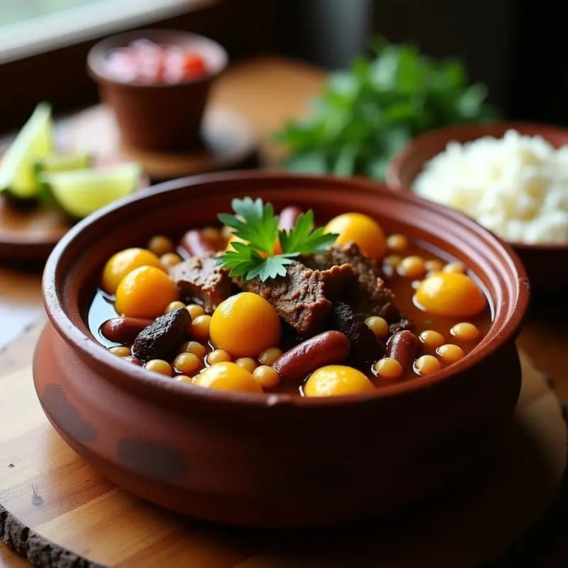Olla de barro con tacos putcheros colombianos, estofado espeso con trozos de carne de res, costillas, chorizo, morcilla y garbanzos, acompañado de papas criollas y decorado con cilantro fresco.