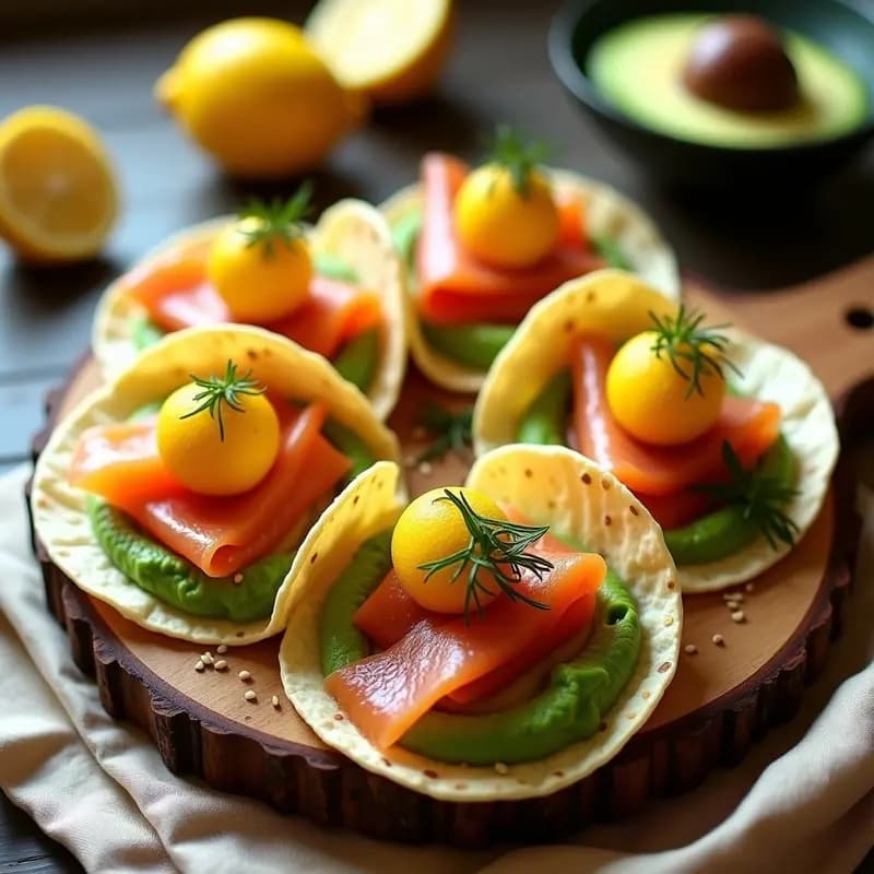Plato de tacos abiertos de maíz con puré de aguacate verde cremoso, láminas de salmón ahumado rosado, eneldo fresco y esferas doradas de caviar de limón. Receta mexicana-nórdica viral para redes sociales.