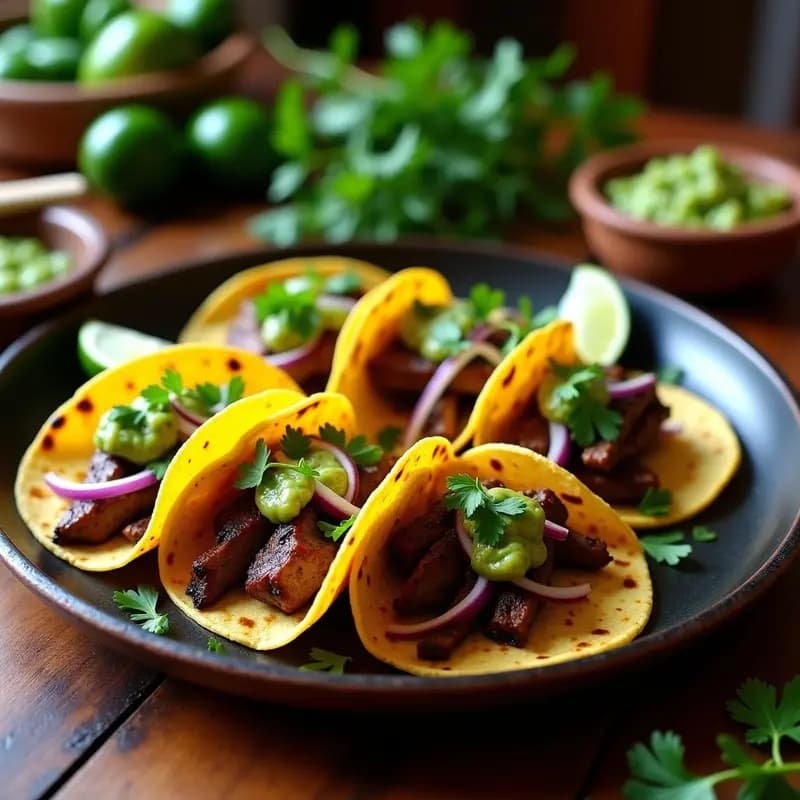 Plato de tacos de suadero con nopales asados y salsa verde en tortillas de maíz azules, servidos en un comal de barro con decoración de cilantro y cebolla morada, receta mexicana auténtica.