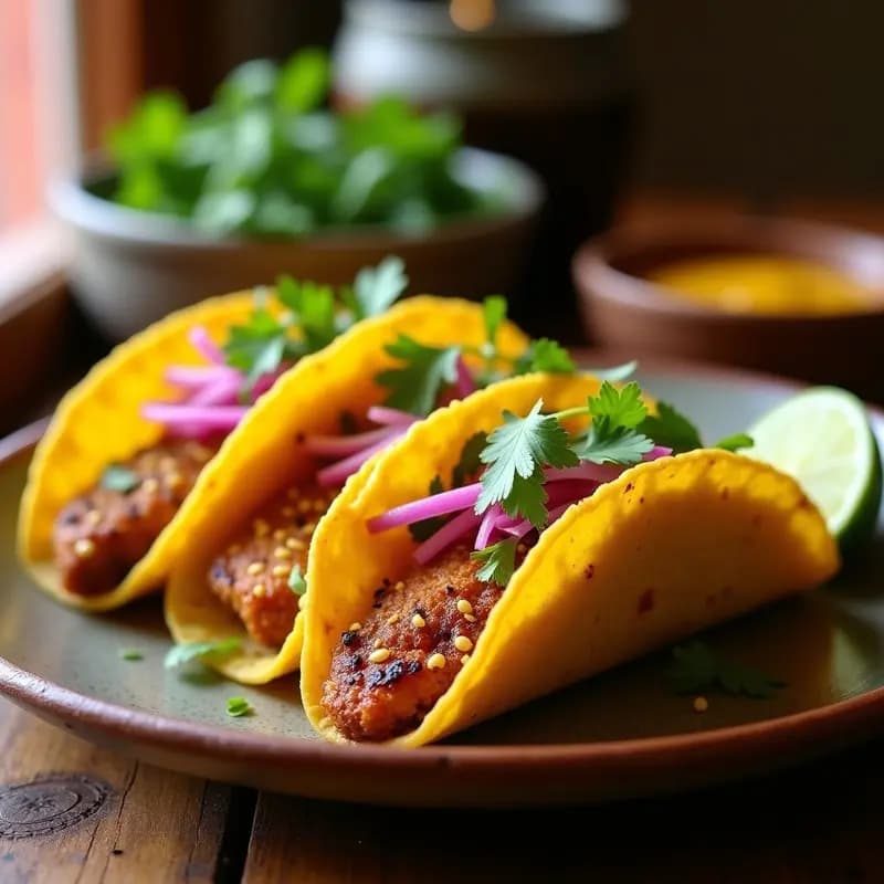 Plato de tacos dorados rellenos de ternera crujiente con panko y ají amarillo, servidos en tortillas de maíz con cebolla morada, cilantro y limón, receta fusion peruano-japonesa.
